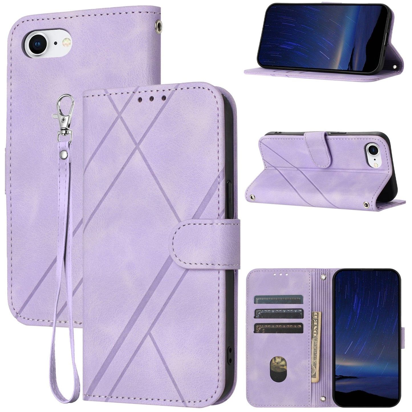 For iPhone 16e Embossed Line Leather Phone Case with Lanyard(Purple)