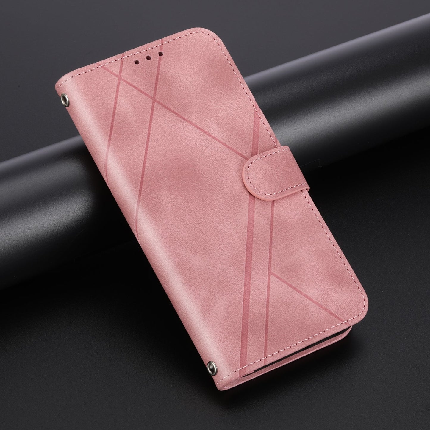 For iPhone 16e Embossed Line Leather Phone Case with Lanyard(Pink)
