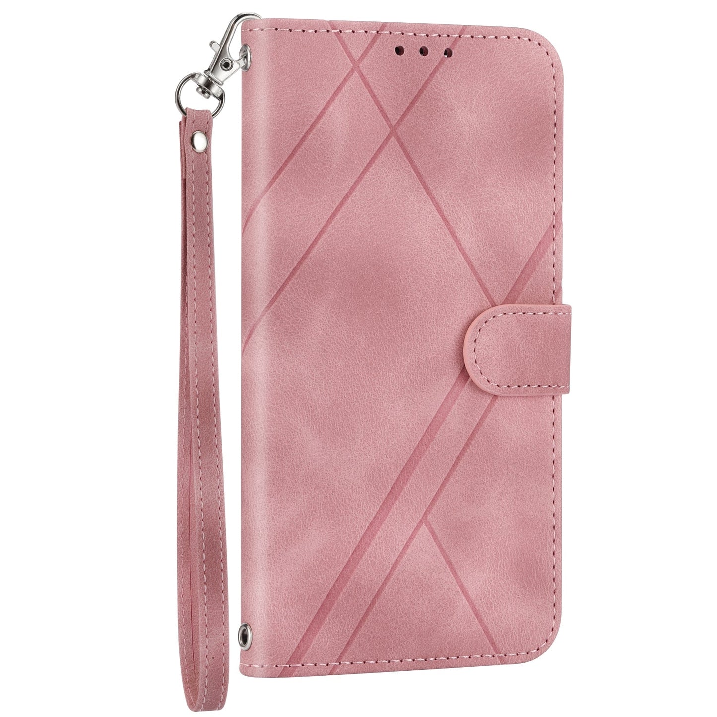 For iPhone 16e Embossed Line Leather Phone Case with Lanyard(Pink)