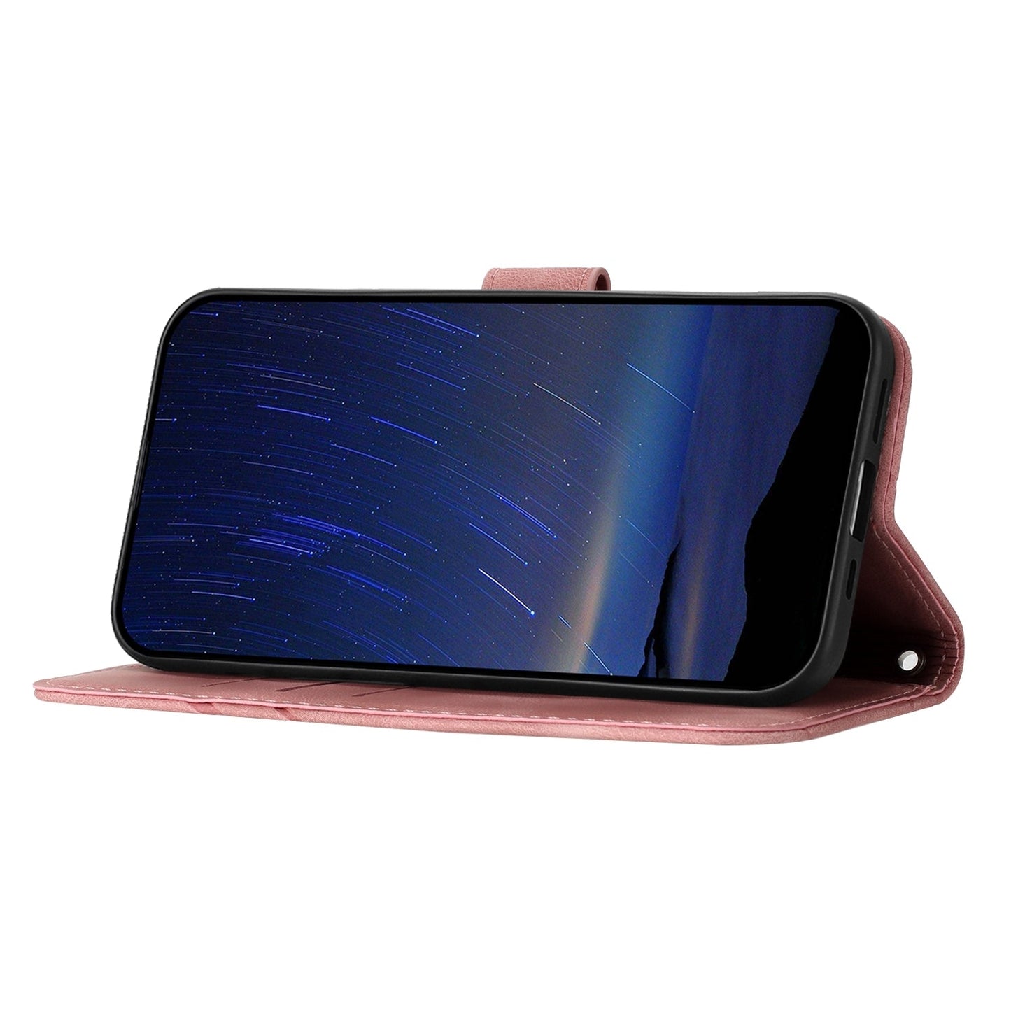 For iPhone 16e Embossed Line Leather Phone Case with Lanyard(Pink)