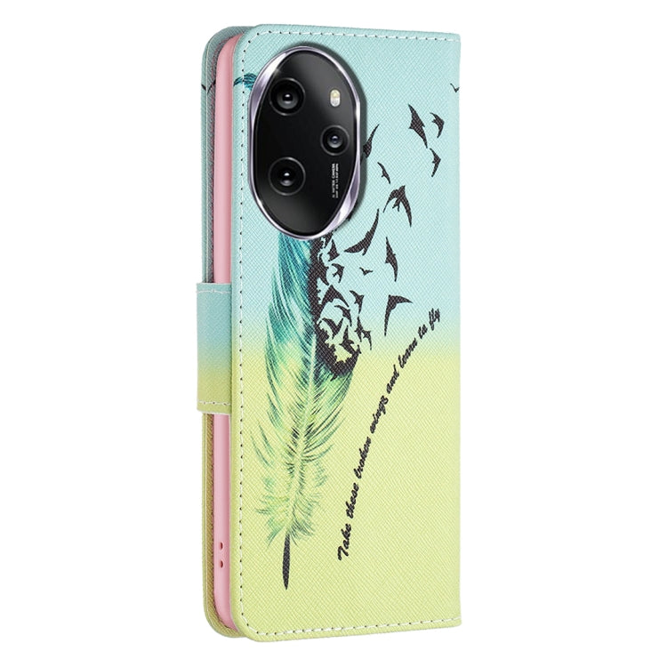 For Honor 100 Pro Colored Drawing Pattern Leather Phone Case(Feather)