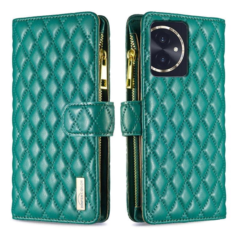 For Honor 100 Diamond Lattice Zipper Wallet Leather Flip Phone Case(Green)