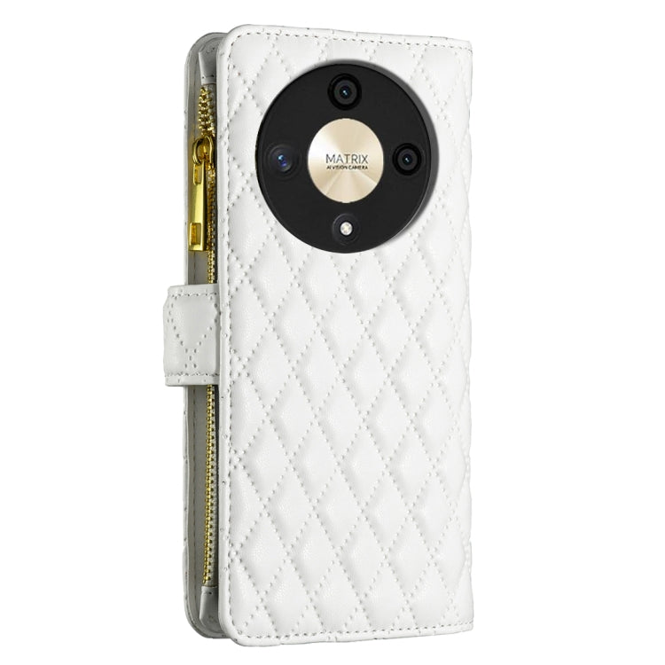 For Honor X9b/Magic6 Lite 5G Diamond Lattice Zipper Wallet Leather Flip Phone Case(White)