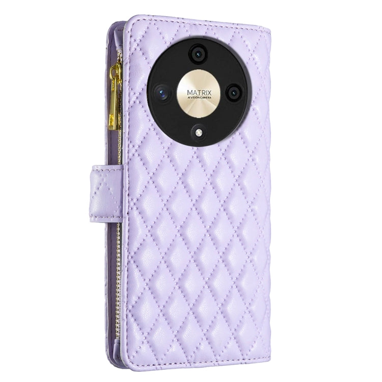 For Honor X9b/Magic6 Lite 5G Diamond Lattice Zipper Wallet Leather Flip Phone Case(Purple)