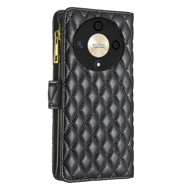 For Honor X9b/Magic6 Lite 5G Diamond Lattice Zipper Wallet Leather Flip Phone Case(Black)