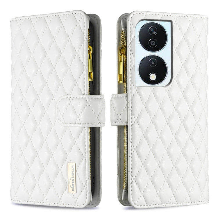 For Honor X7b Diamond Lattice Zipper Wallet Leather Flip Phone Case(White)