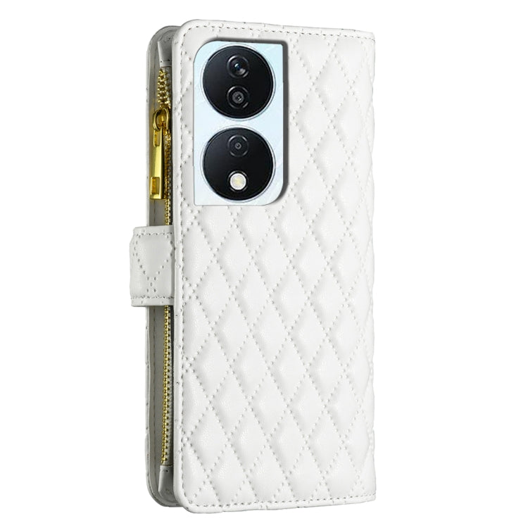 For Honor X7b Diamond Lattice Zipper Wallet Leather Flip Phone Case(White)