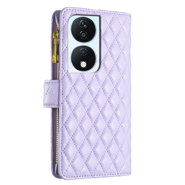 For Honor X7b Diamond Lattice Zipper Wallet Leather Flip Phone Case(Purple)