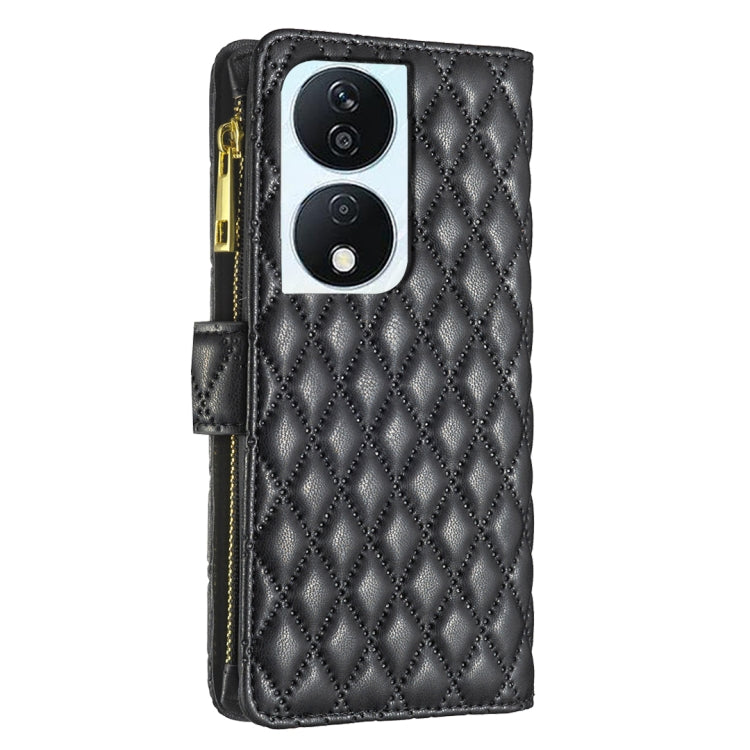For Honor X7b Diamond Lattice Zipper Wallet Leather Flip Phone Case(Black)