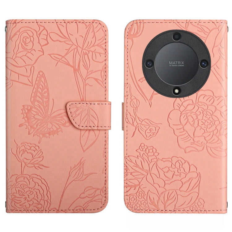 For Honor X9b HT03 Skin Feel Butterfly Embossed Flip Leather Phone Case(Pink)