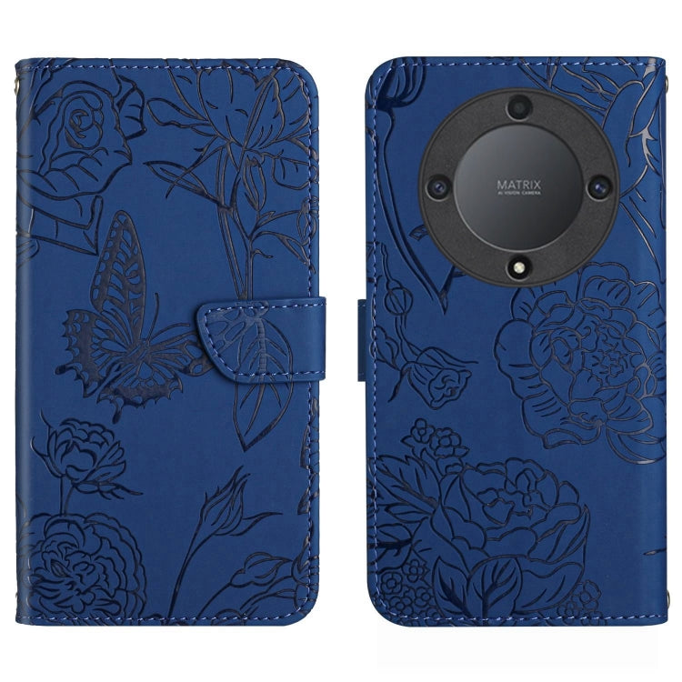 For Honor X9b HT03 Skin Feel Butterfly Embossed Flip Leather Phone Case(Blue)