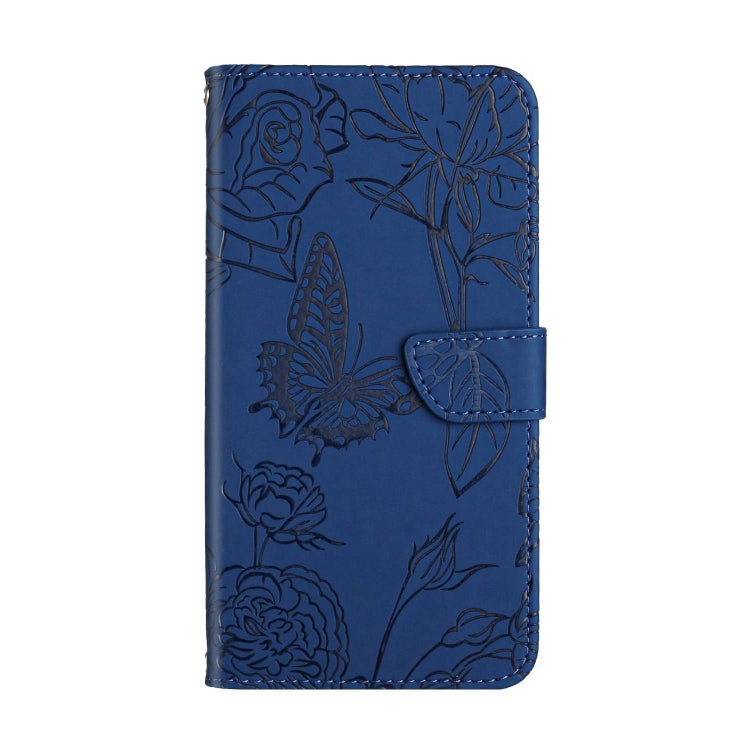 For Honor X9b HT03 Skin Feel Butterfly Embossed Flip Leather Phone Case(Blue)