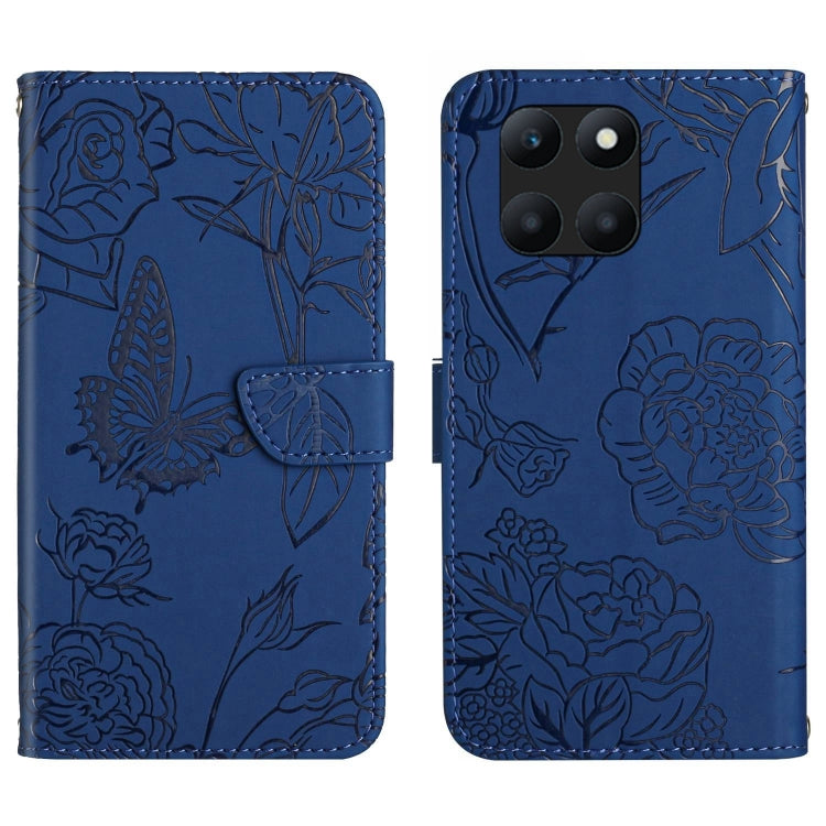 For Honor X8b HT03 Skin Feel Butterfly Embossed Flip Leather Phone Case(Blue)