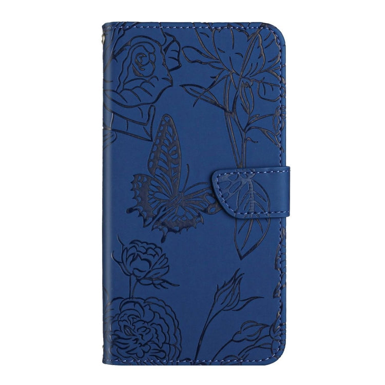 For Honor X8b HT03 Skin Feel Butterfly Embossed Flip Leather Phone Case(Blue)