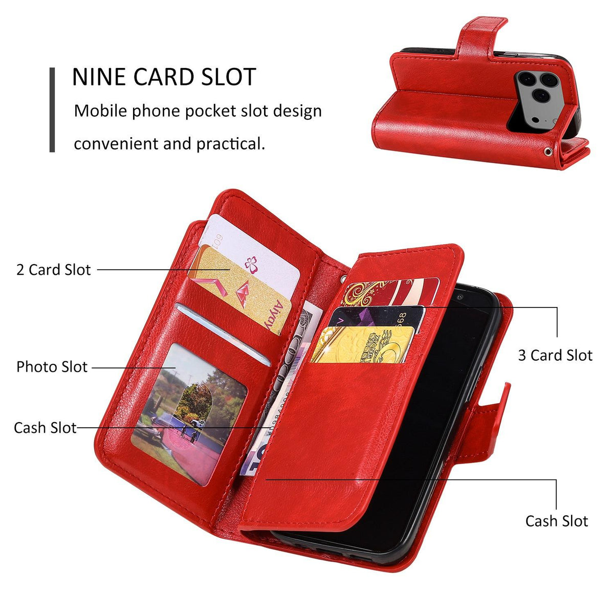 Compatible with iPhone 18 Pro Max Tri-Fold 9-Card Wallets Leather Phone Case - Red