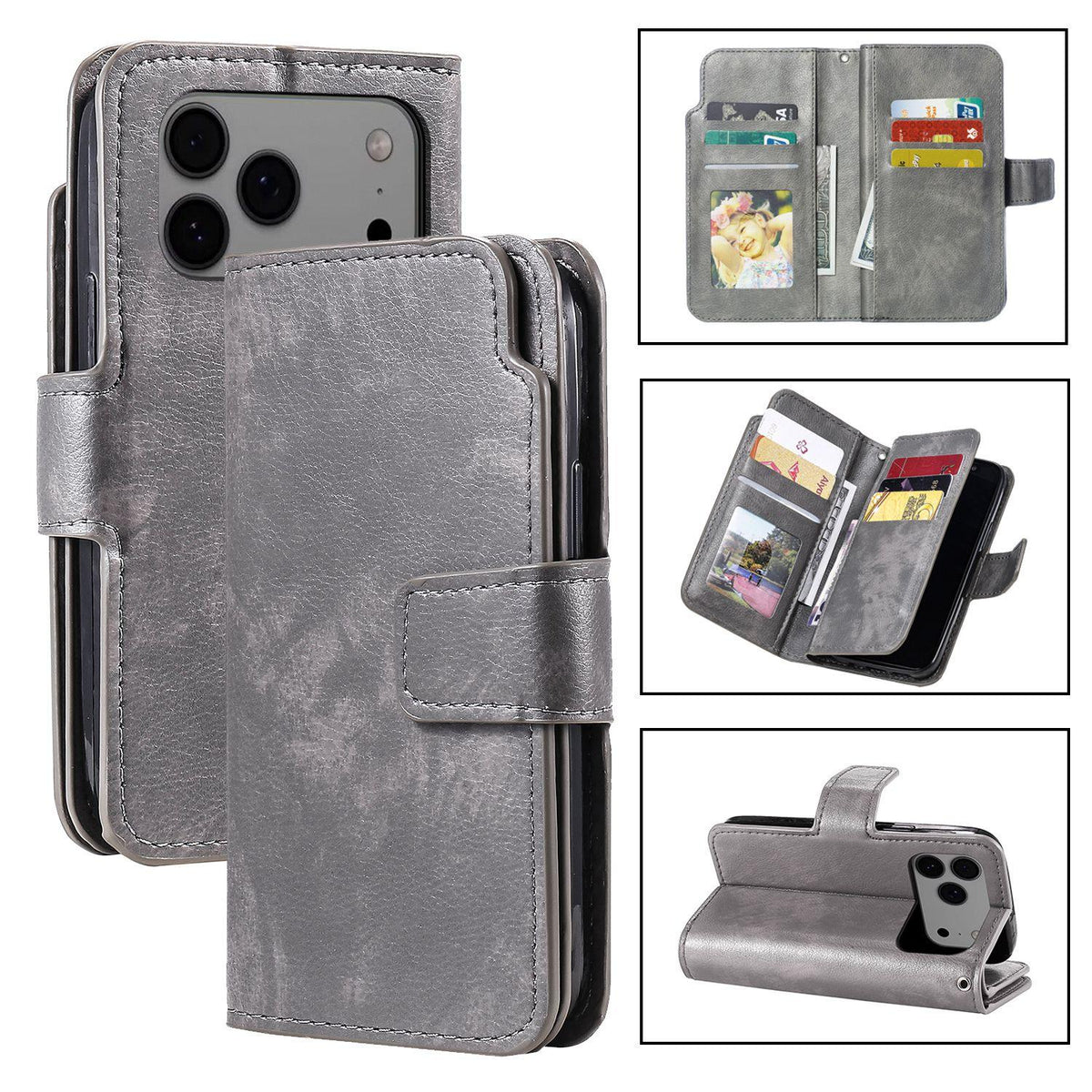 Compatible with iPhone 18 Pro Max Tri-Fold 9-Card Wallets Leather Phone Case - Grey