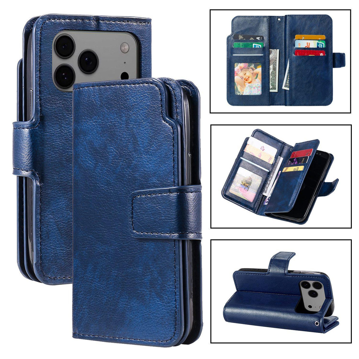 Compatible with iPhone 18 Pro Max Tri-Fold 9-Card Wallets Leather Phone Case - Blue