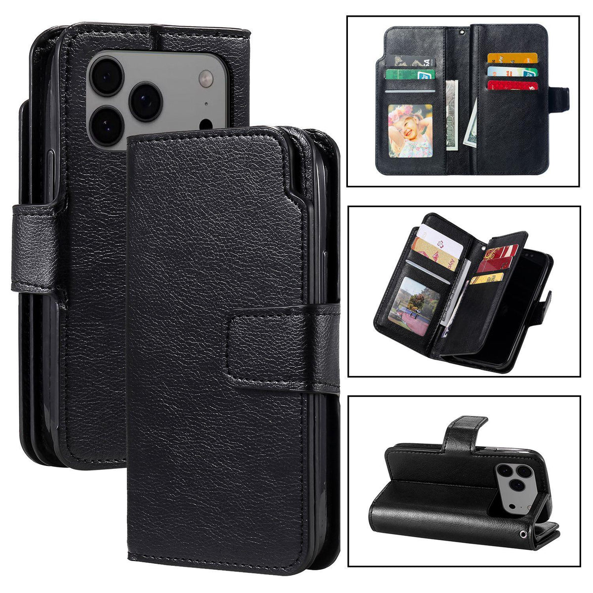 Compatible with iPhone 18 Pro Max Tri-Fold 9-Card Wallets Leather Phone Case - Black