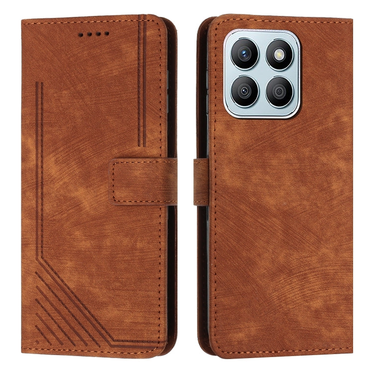 For Honor X8b Skin Feel Stripe Pattern Leather Phone Case with Lanyard(Brown)