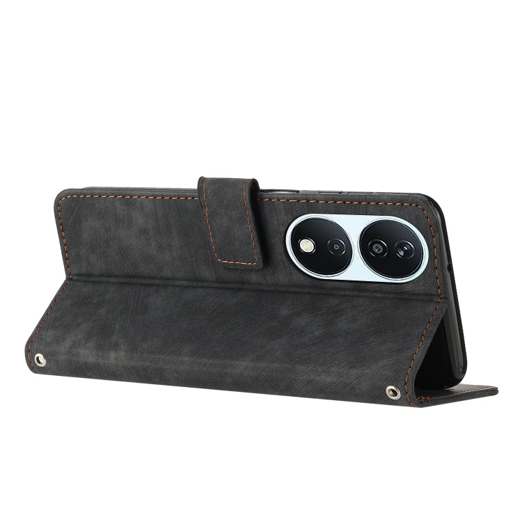 For Honor X7b Skin Feel Stripe Pattern Leather Phone Case with Lanyard(Black)