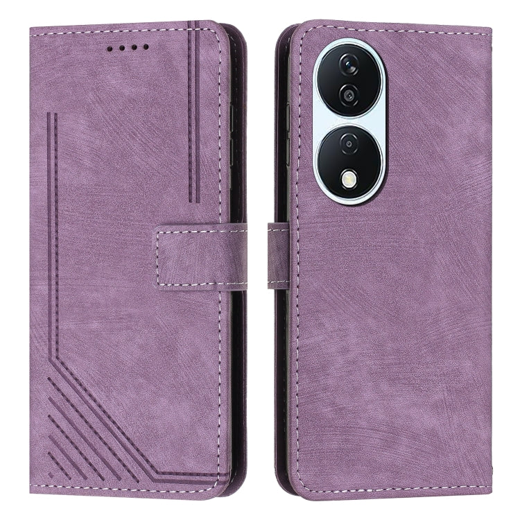 For Honor X7b Skin Feel Stripe Pattern Leather Phone Case with Lanyard(Purple)