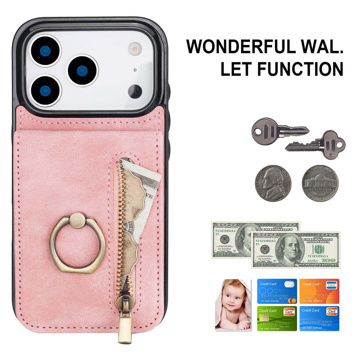 Compatible with iPhone 18 Pro Max & 17 Pro Max Retro Ring and Zipper RFID Card Slot Phone Case - Pink