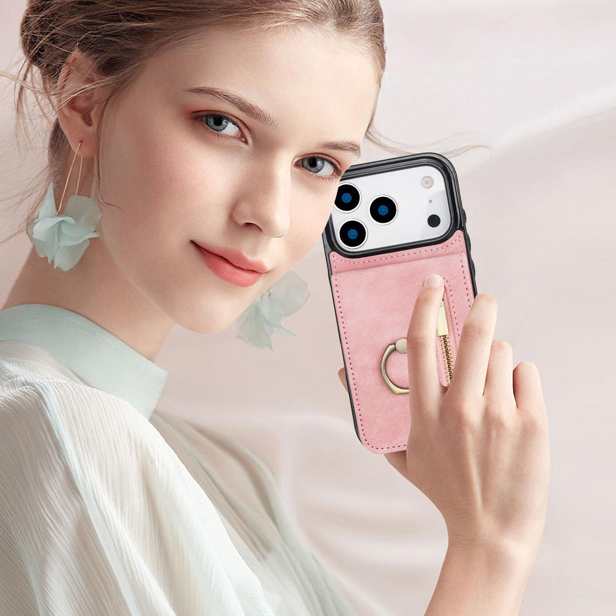 Compatible with iPhone 18 Pro Max & 17 Pro Max Retro Ring and Zipper RFID Card Slot Phone Case - Pink