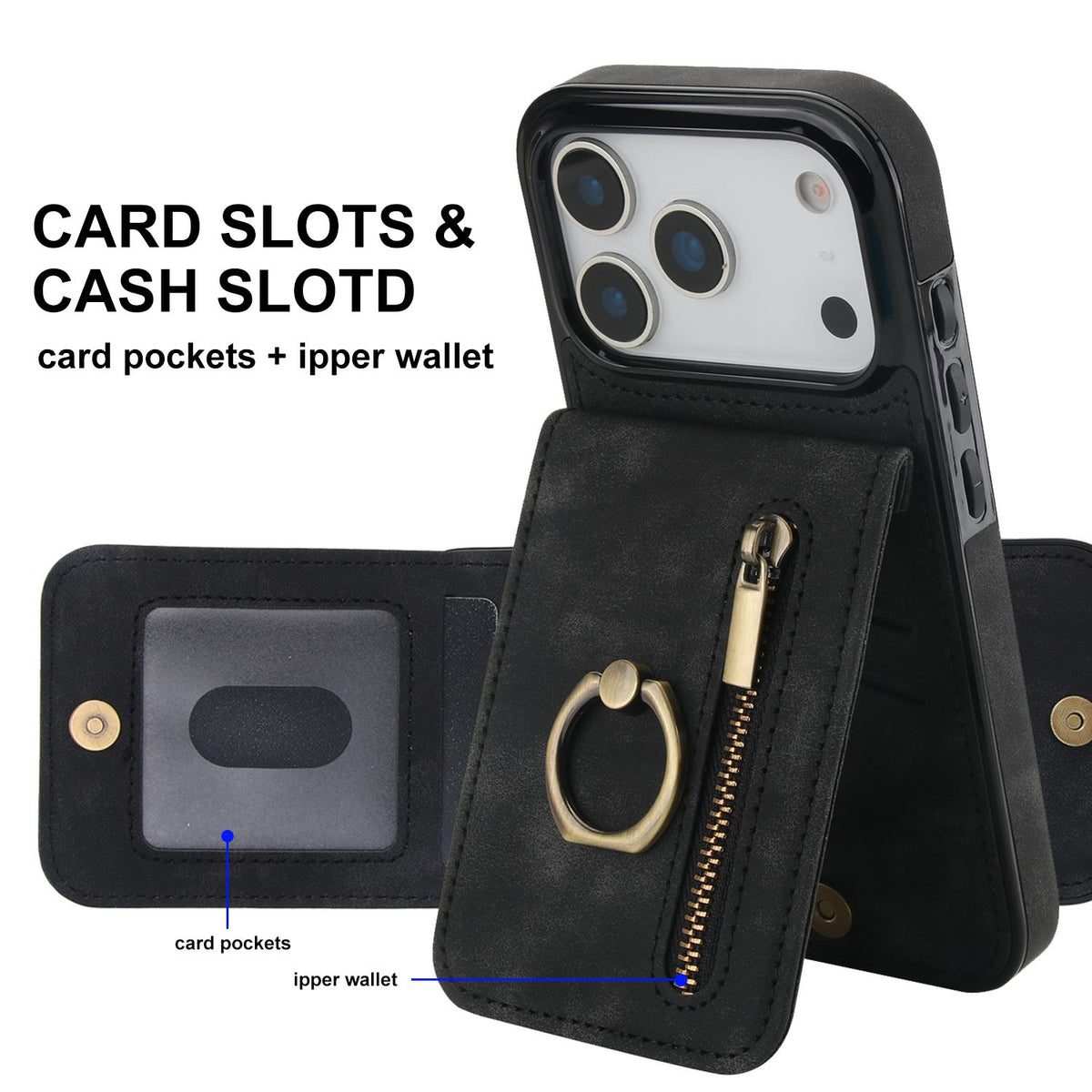 Compatible with iPhone 18 Pro Max & 17 Pro Max Retro Ring and Zipper RFID Card Slot Phone Case - Black