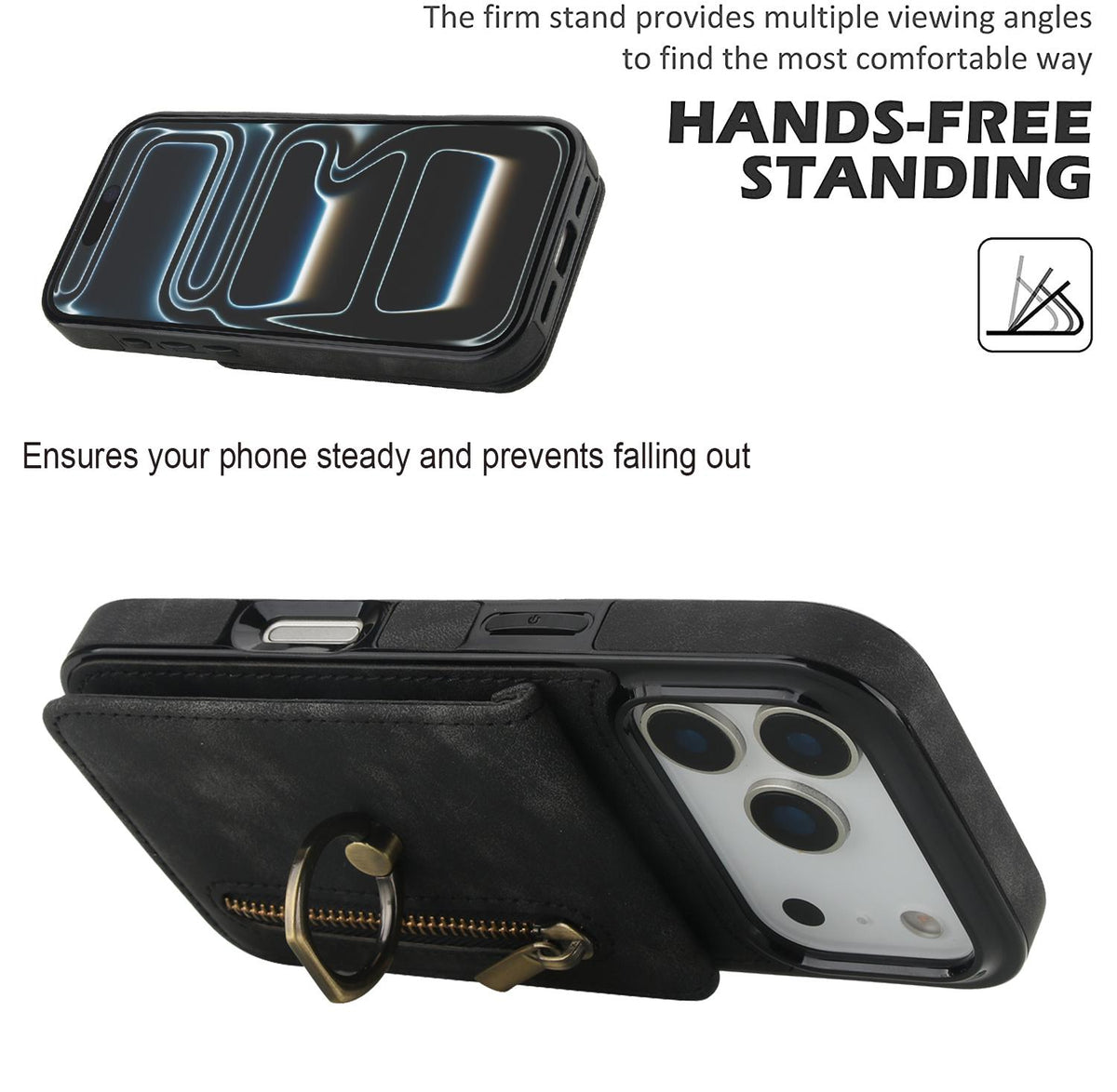 Compatible with iPhone 18 Pro Max & 17 Pro Max Retro Ring and Zipper RFID Card Slot Phone Case - Black