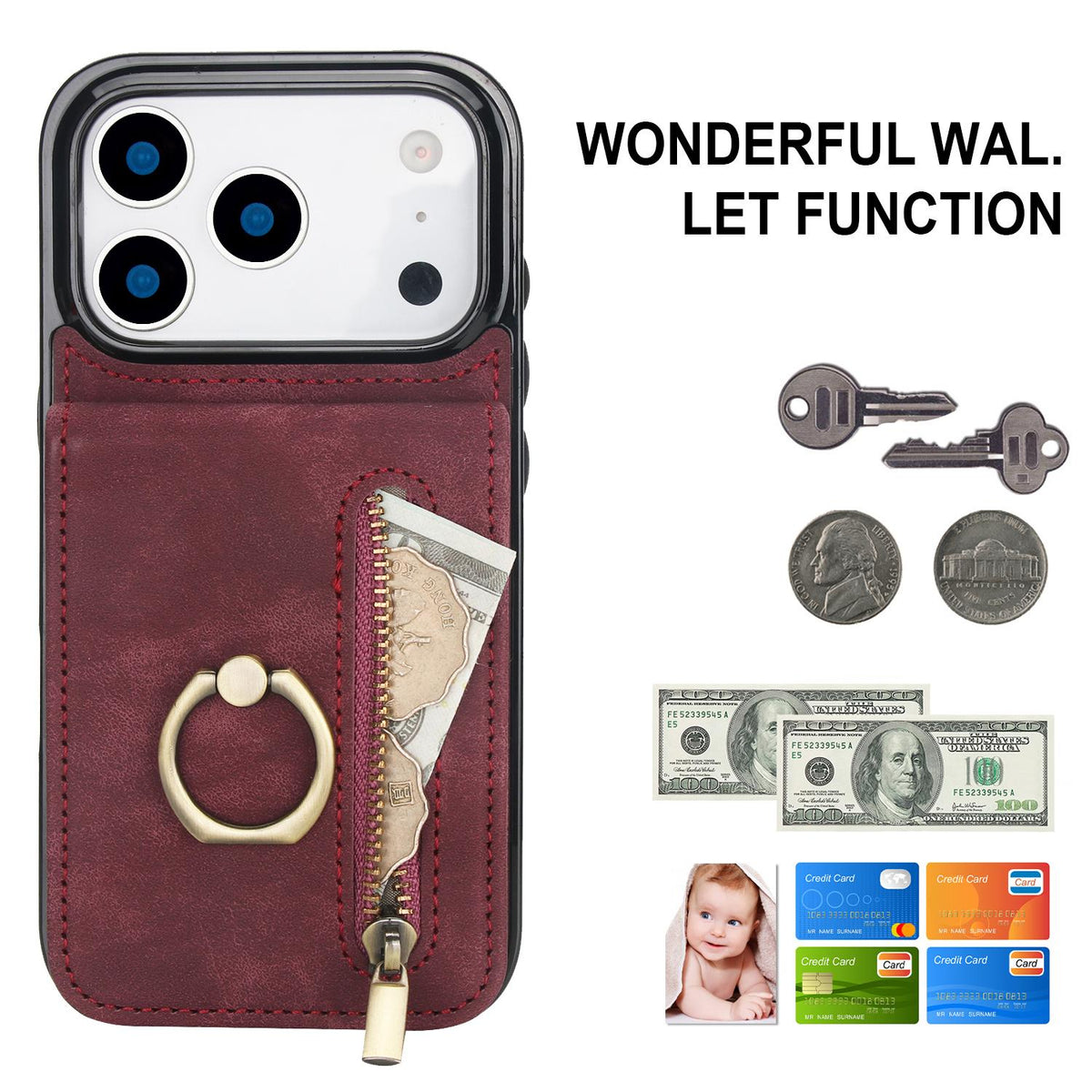 Compatible with iPhone 18 Pro Max & 17 Pro Max Retro Ring and Zipper RFID Card Slot Phone Case - Wine Red