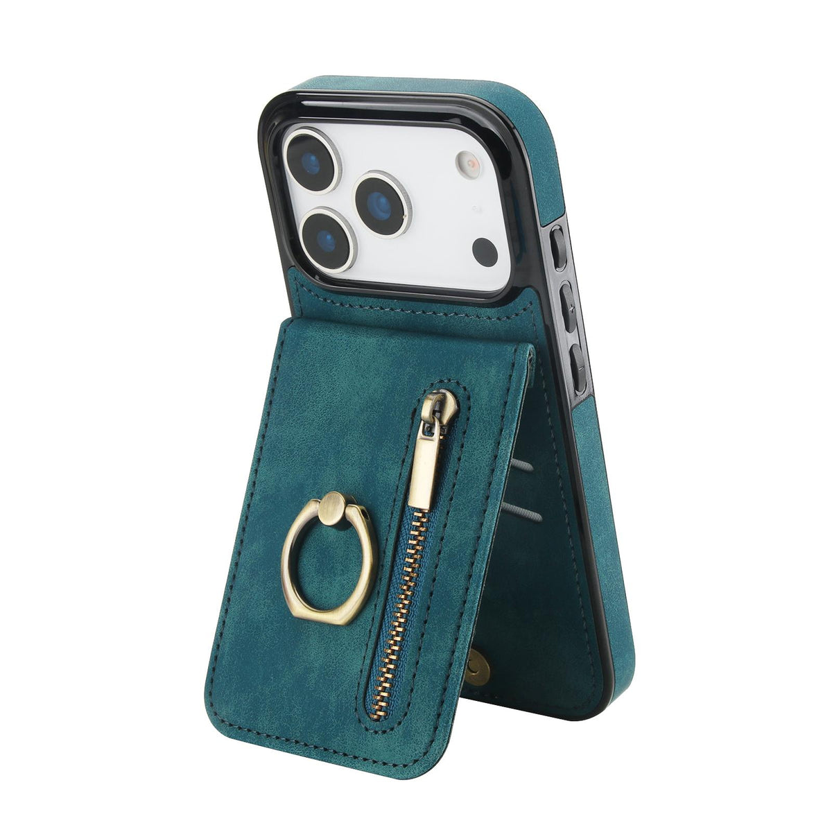 Compatible with iPhone 18 Pro Max & 17 Pro Max Retro Ring and Zipper RFID Card Slot Phone Case - Blue