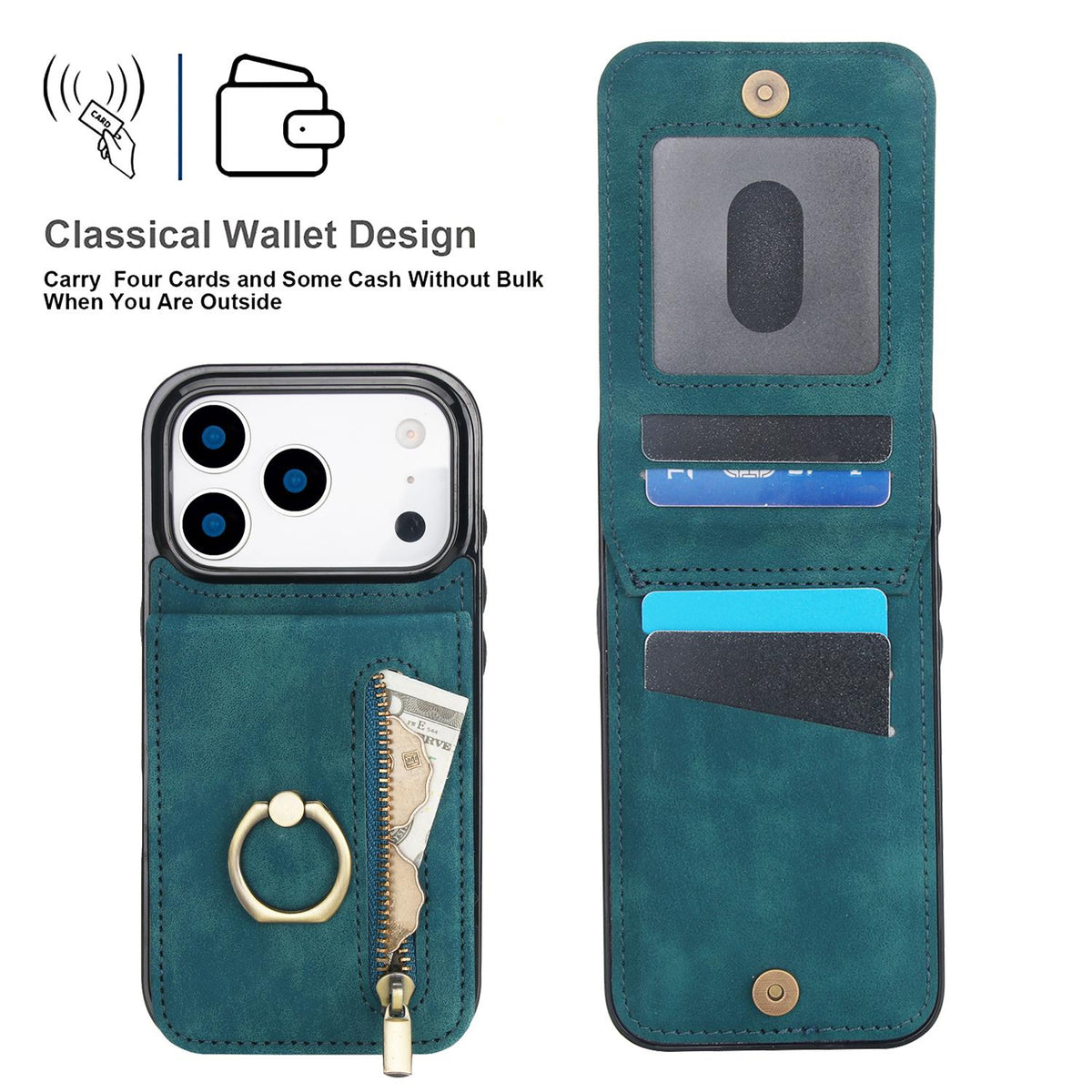 Compatible with iPhone 18 Pro Max & 17 Pro Max Retro Ring and Zipper RFID Card Slot Phone Case - Blue