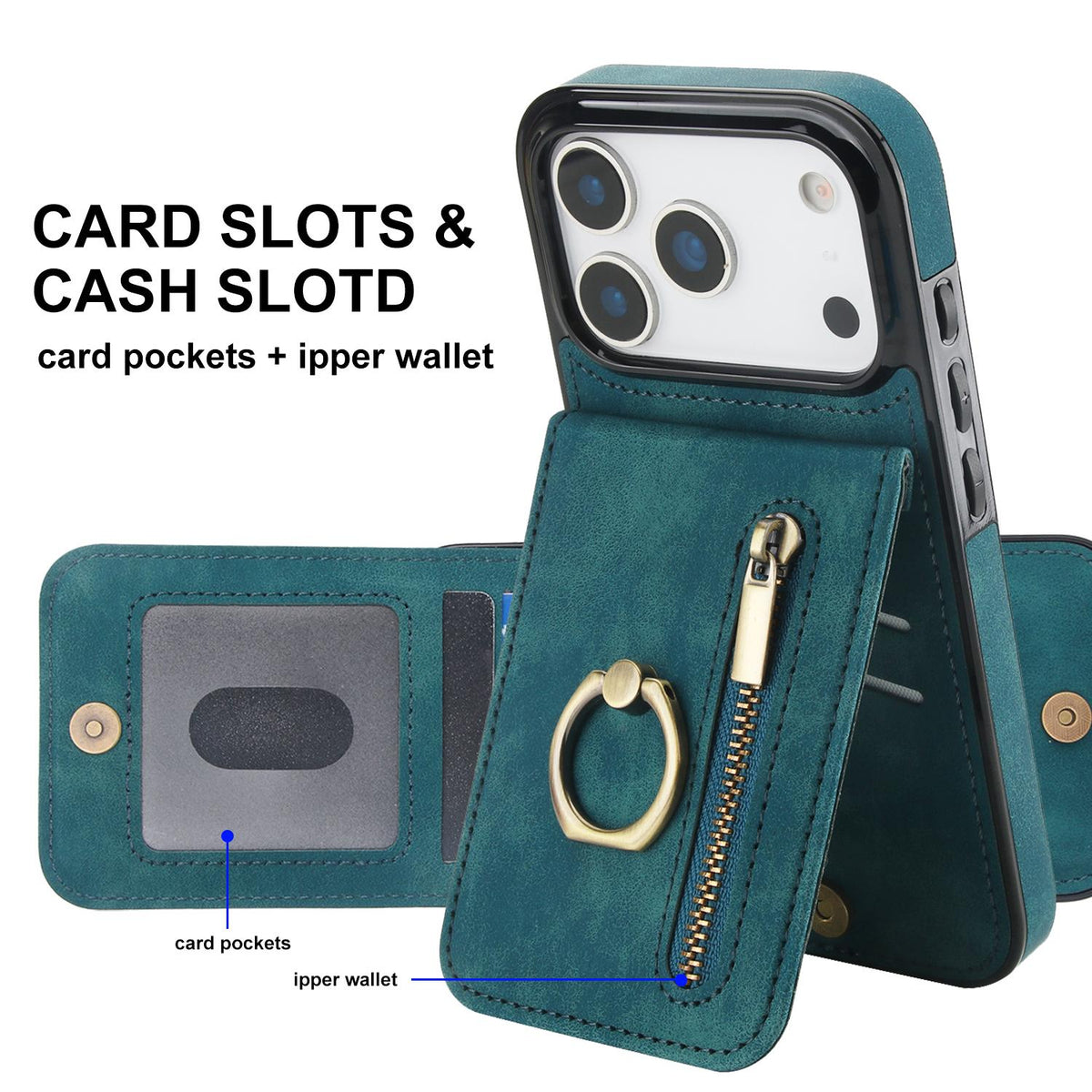 Compatible with iPhone 18 Pro Max & 17 Pro Max Retro Ring and Zipper RFID Card Slot Phone Case - Blue