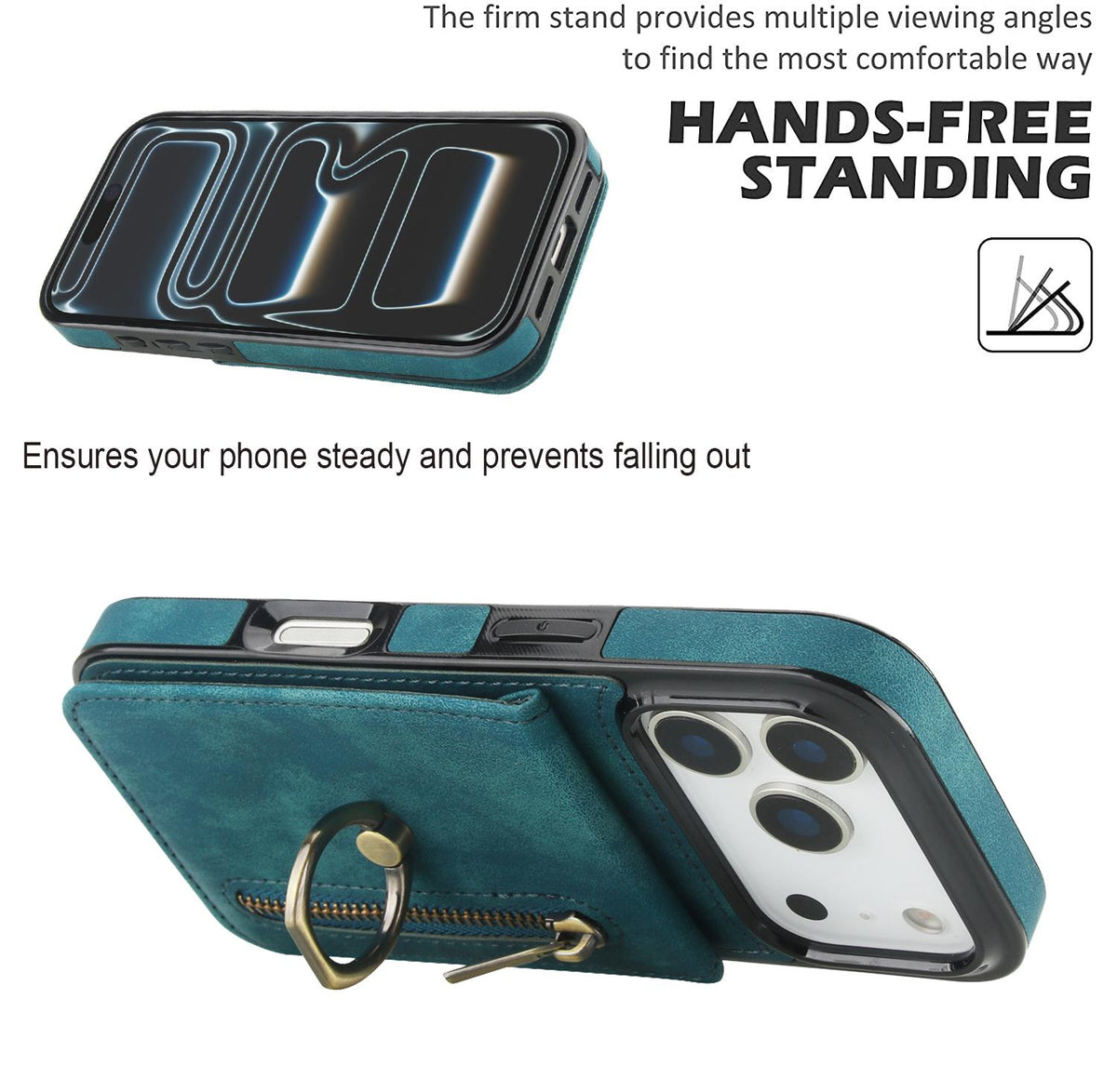Compatible with iPhone 18 Pro Max & 17 Pro Max Retro Ring and Zipper RFID Card Slot Phone Case - Blue