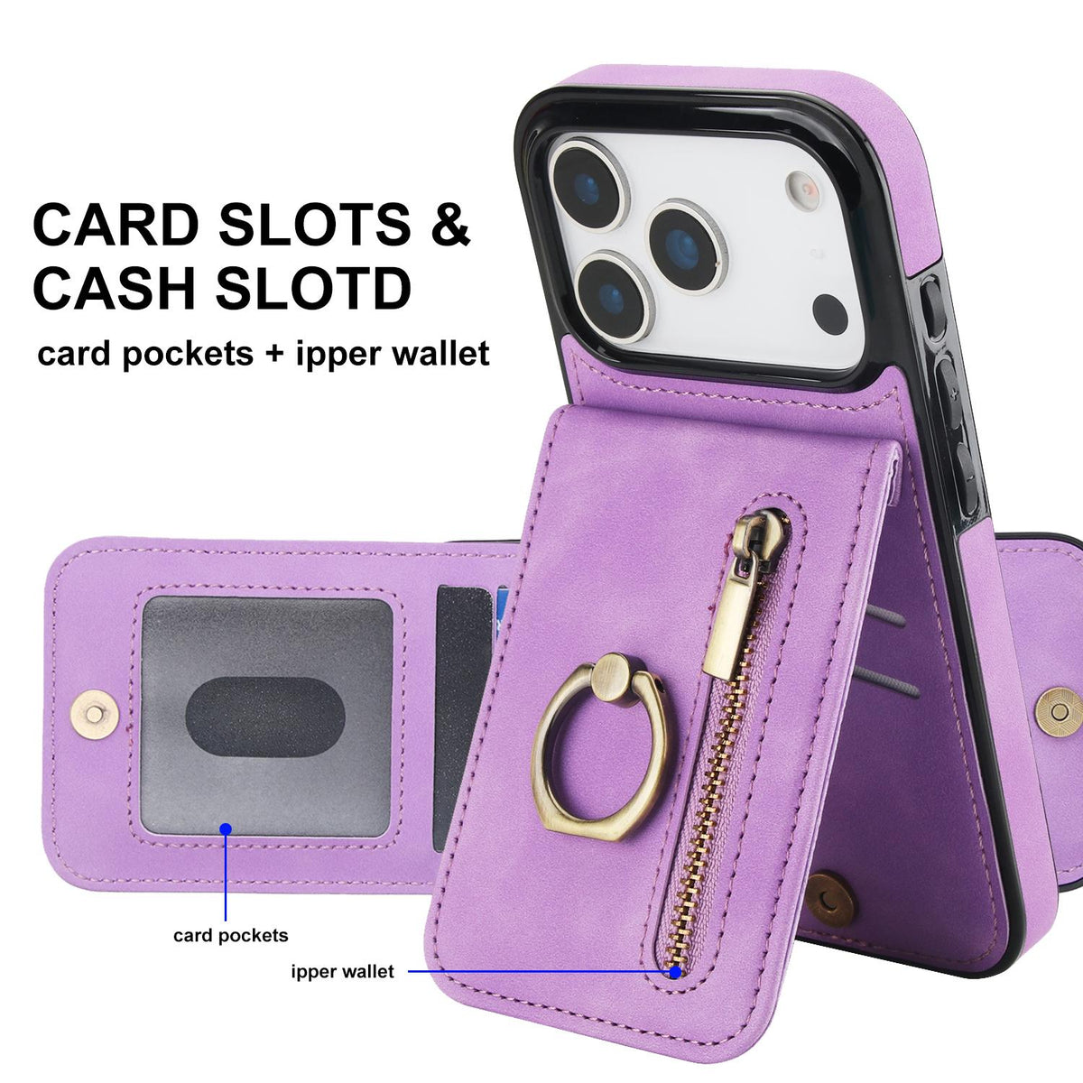 Compatible with iPhone 18 Pro Max & 17 Pro Max Retro Ring and Zipper RFID Card Slot Phone Case - Purple