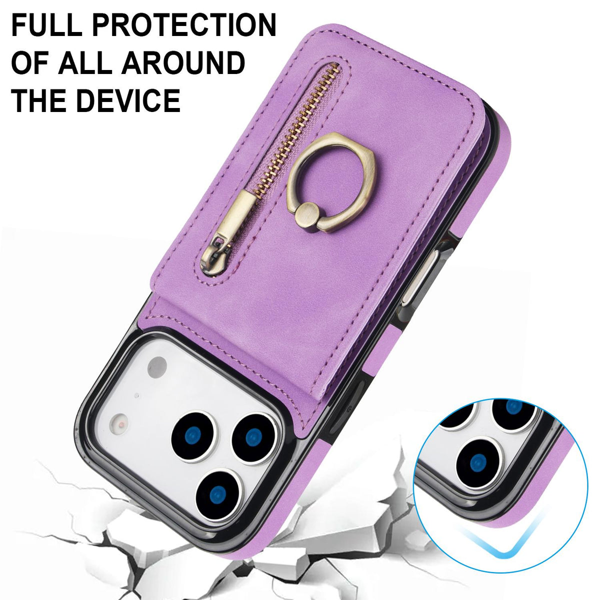 Compatible with iPhone 18 Pro Max & 17 Pro Max Retro Ring and Zipper RFID Card Slot Phone Case - Purple
