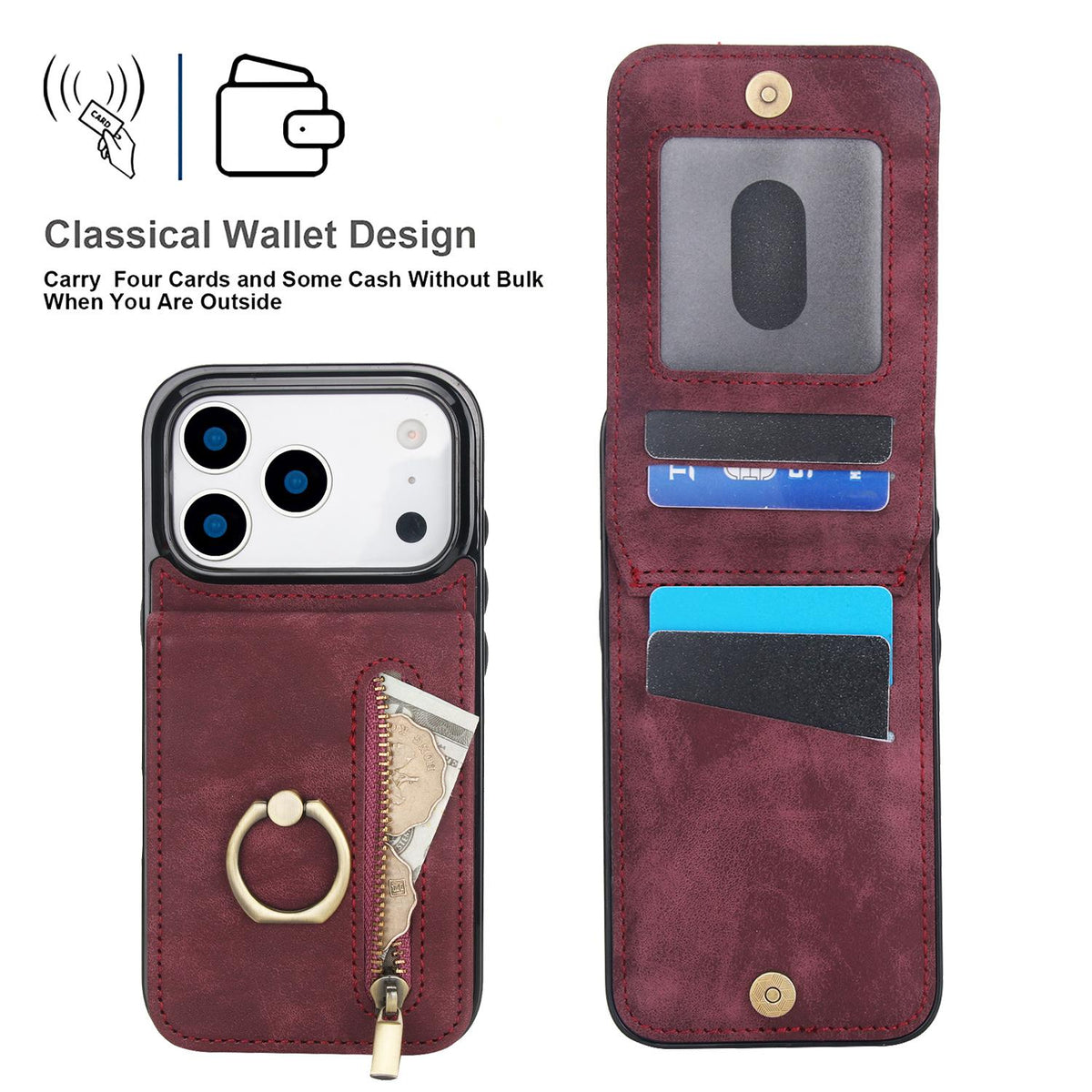 Compatible with iPhone 18 Pro & 17 Pro Retro Ring and Zipper RFID Card Slot Phone Case - Wine Red