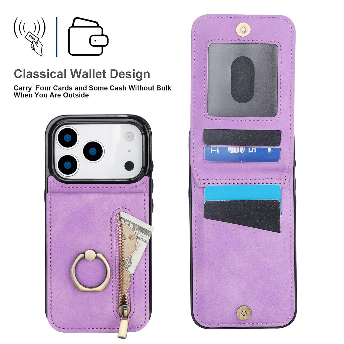 Compatible with iPhone 18 Pro & 17 Pro Retro Ring and Zipper RFID Card Slot Phone Case - Purple