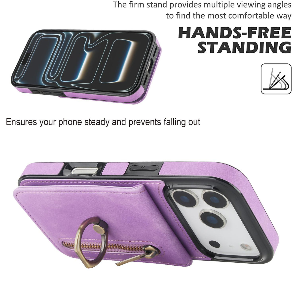 Compatible with iPhone 18 Pro & 17 Pro Retro Ring and Zipper RFID Card Slot Phone Case - Purple