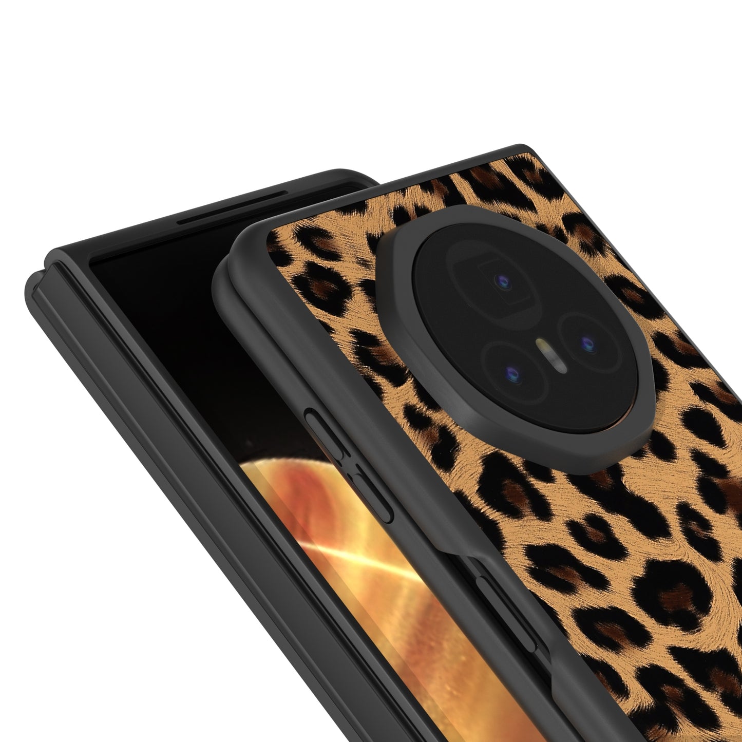 For Honor Magic V3 Black Edge Leopard PU Phone Case(Golden)