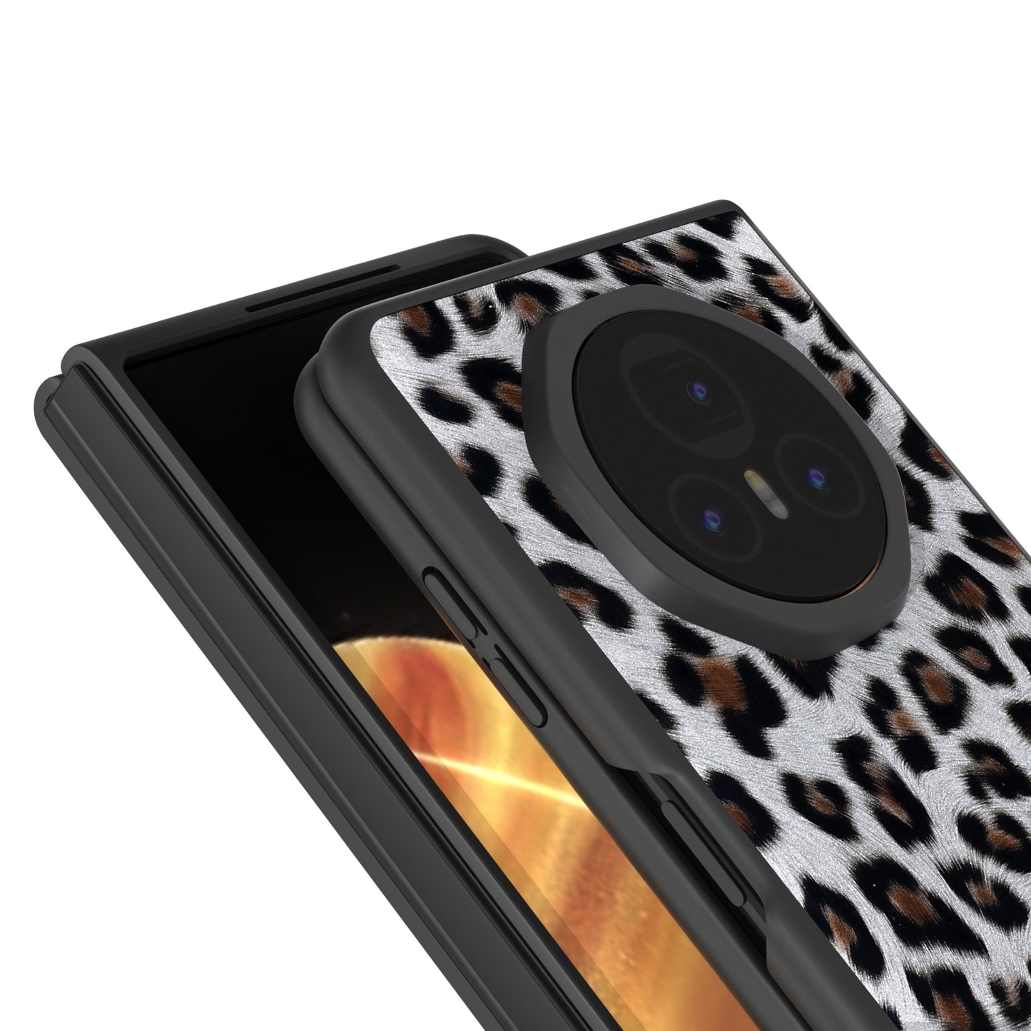 For Honor Magic V3 Black Edge Leopard PU Phone Case(Silver)