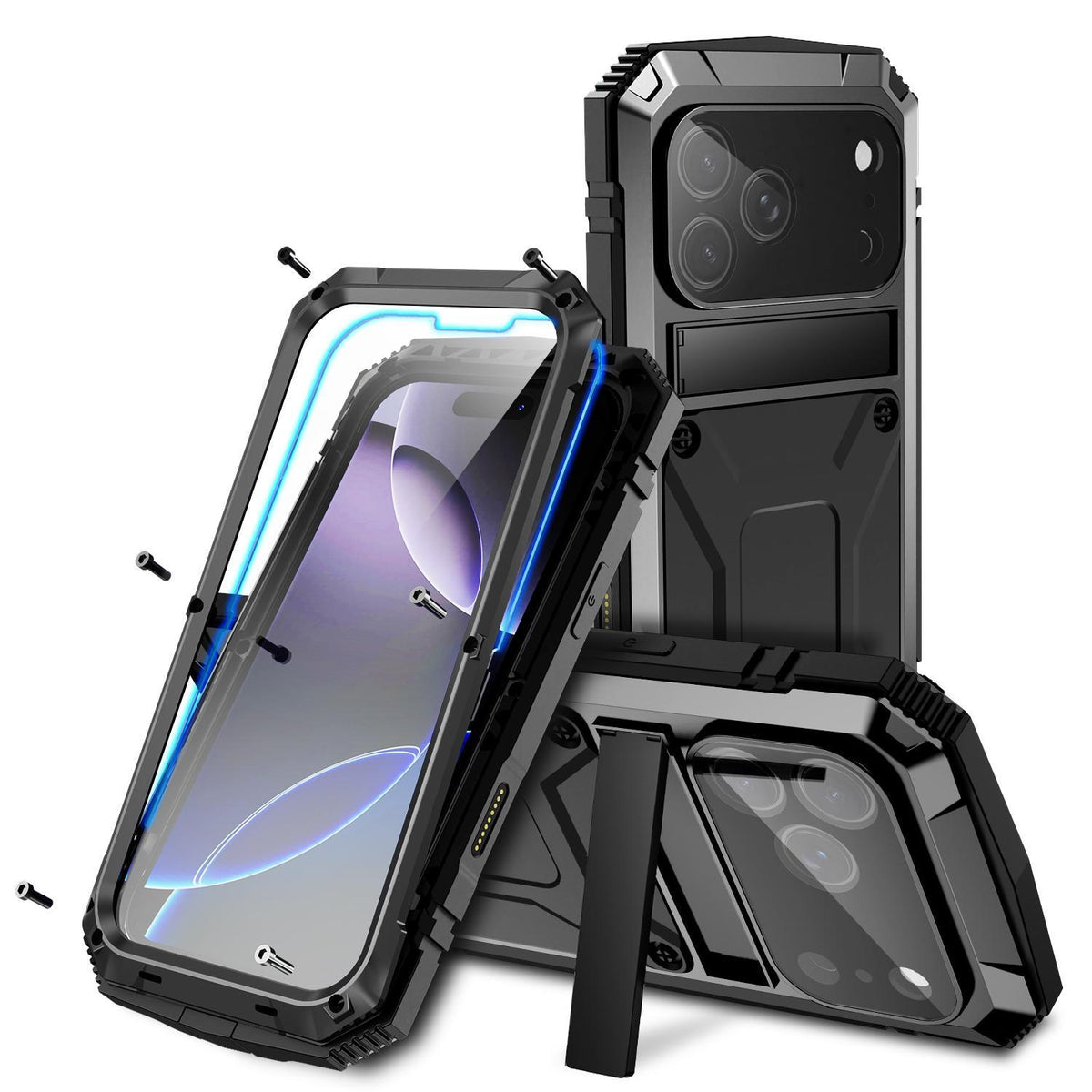 Compatible with iPhone 18 Pro Max R-JUST Metal + Silicone + Tempered Glass Life Waterproof Phone Case with Holder - Black