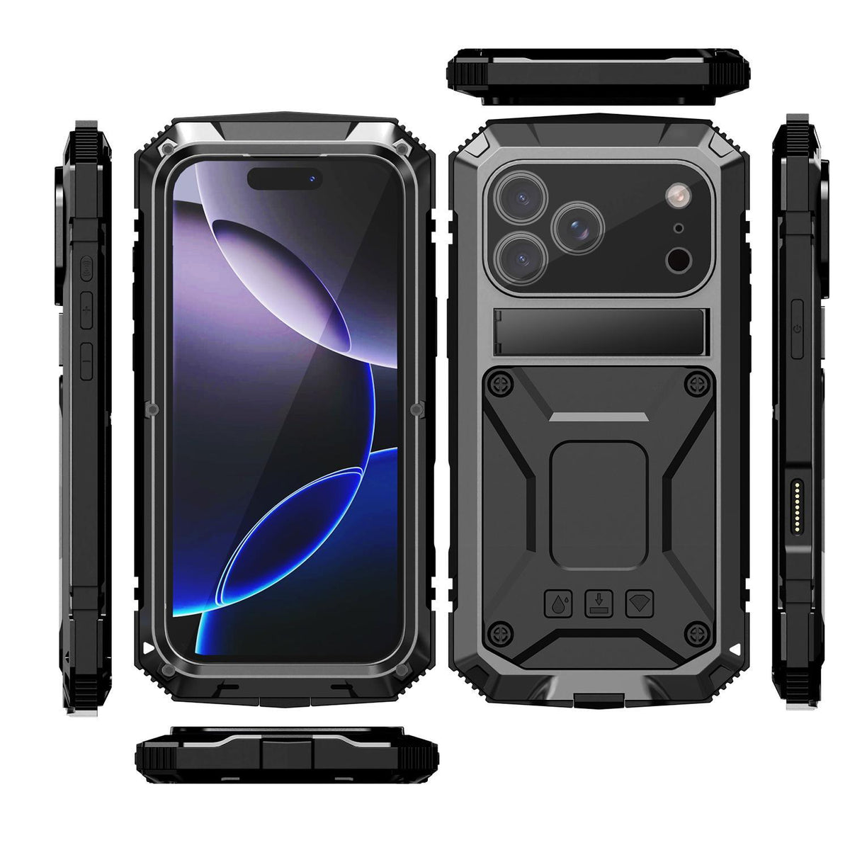 Compatible with iPhone 18 Pro Max R-JUST Metal + Silicone + Tempered Glass Life Waterproof Phone Case with Holder - Black