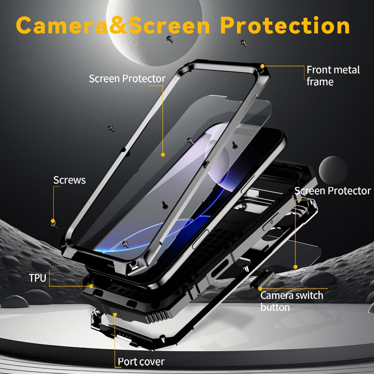Compatible with iPhone 18 Pro Max R-JUST Metal + Silicone + Tempered Glass Life Waterproof Phone Case with Holder - Black