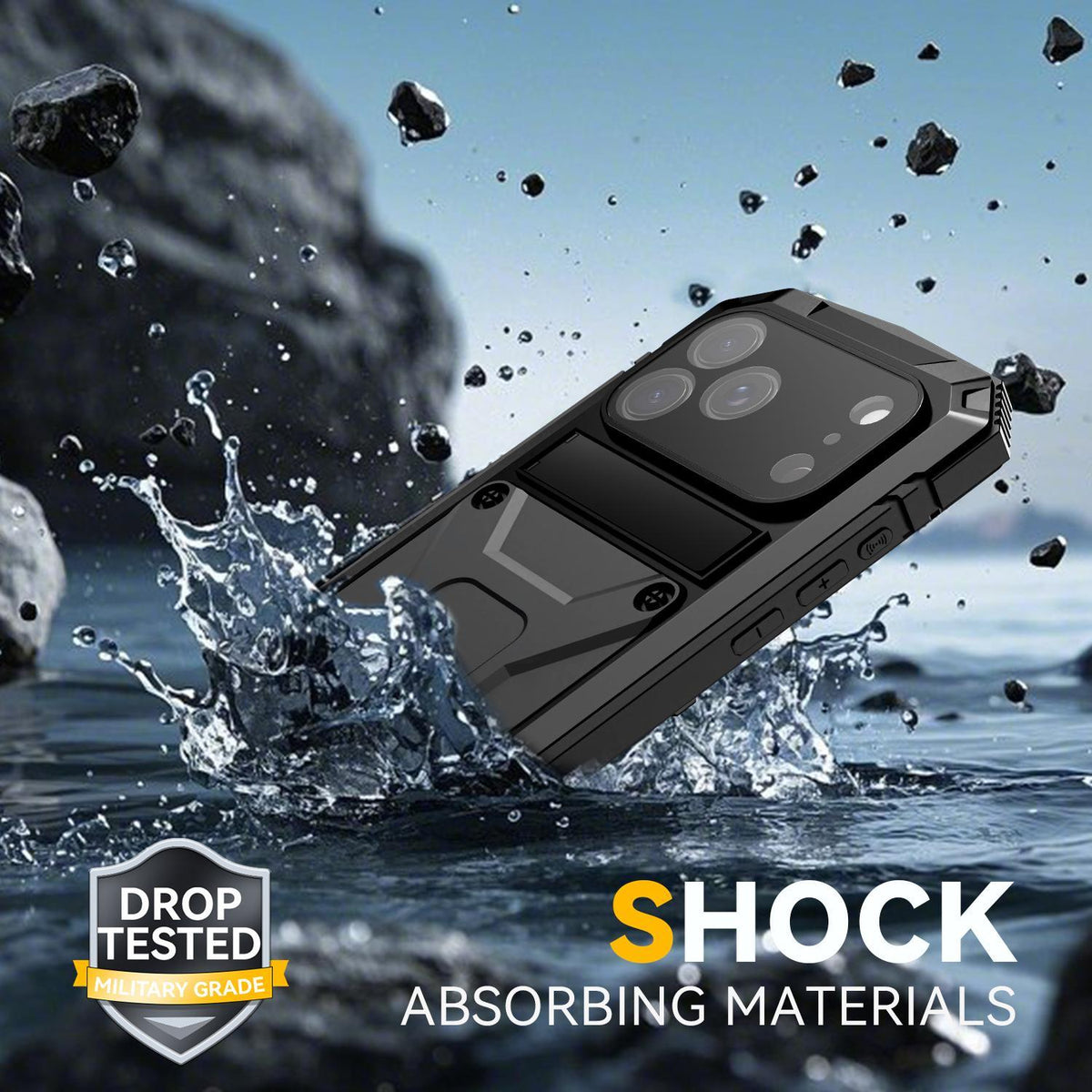 Compatible with iPhone 18 Pro Max R-JUST Metal + Silicone + Tempered Glass Life Waterproof Phone Case with Holder - Black