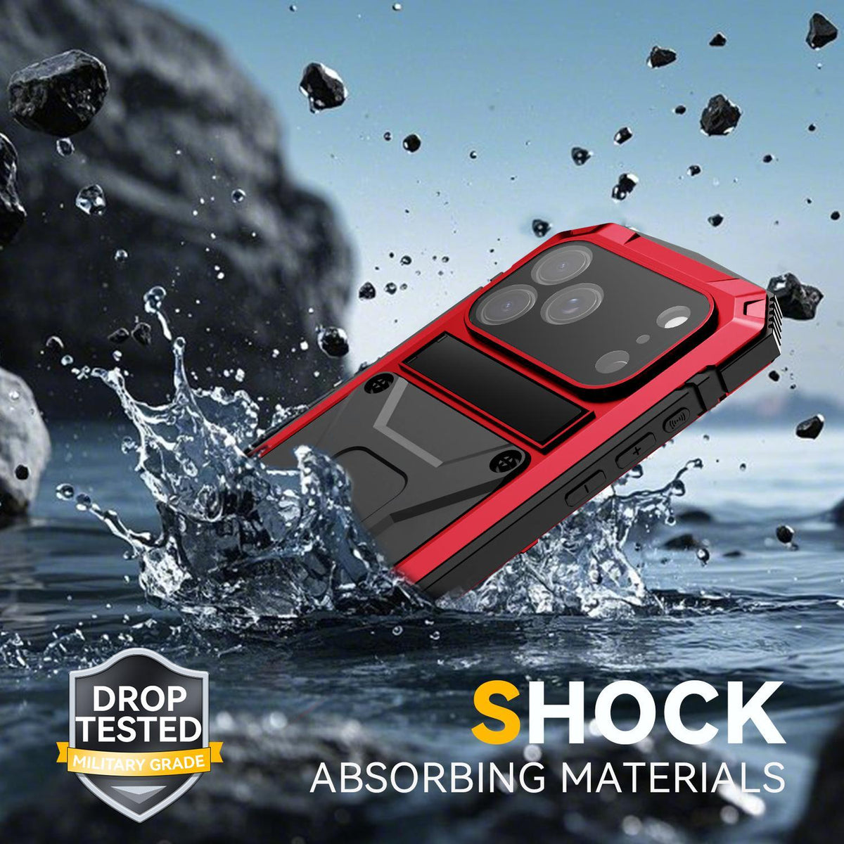 Compatible with iPhone 18 Pro Max R-JUST Metal + Silicone + Tempered Glass Life Waterproof Phone Case with Holder - Red