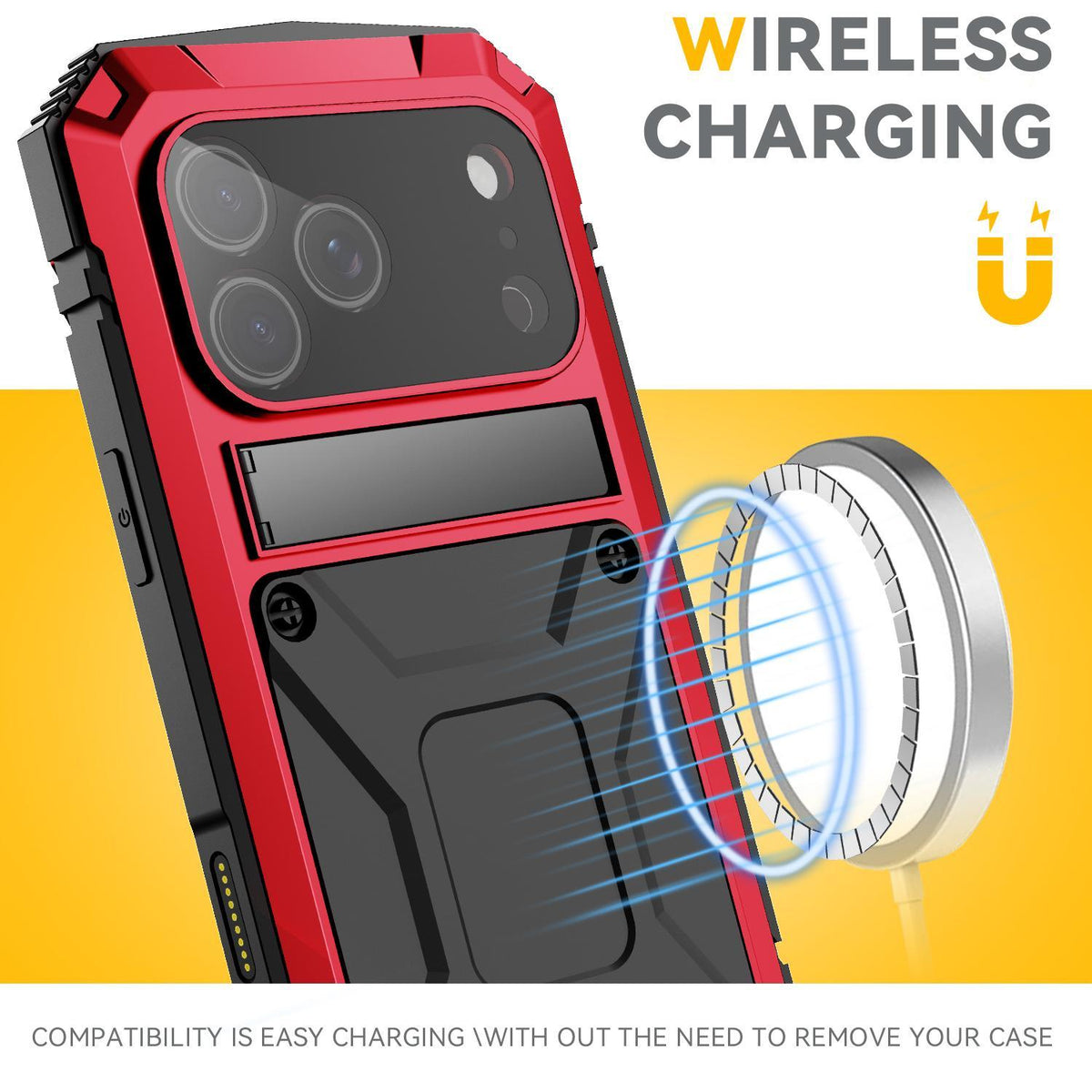 Compatible with iPhone 18 Pro Max R-JUST Metal + Silicone + Tempered Glass Life Waterproof Phone Case with Holder - Red