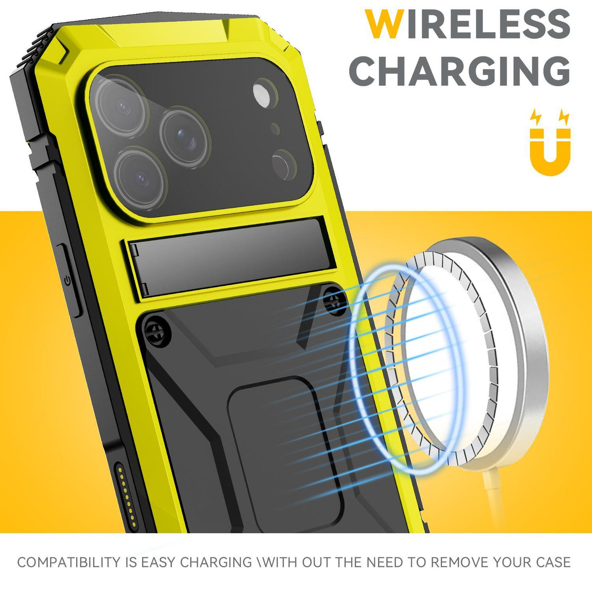 Compatible with iPhone 18 Pro Max R-JUST Metal + Silicone + Tempered Glass Life Waterproof Phone Case with Holder - Yellow