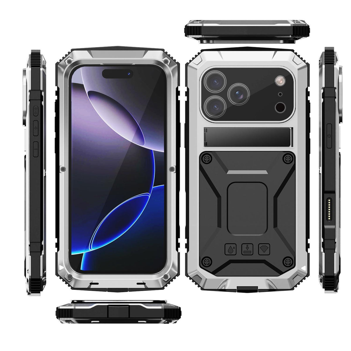 Compatible with iPhone 18 Pro Max R-JUST Metal + Silicone + Tempered Glass Life Waterproof Phone Case with Holder - Silver