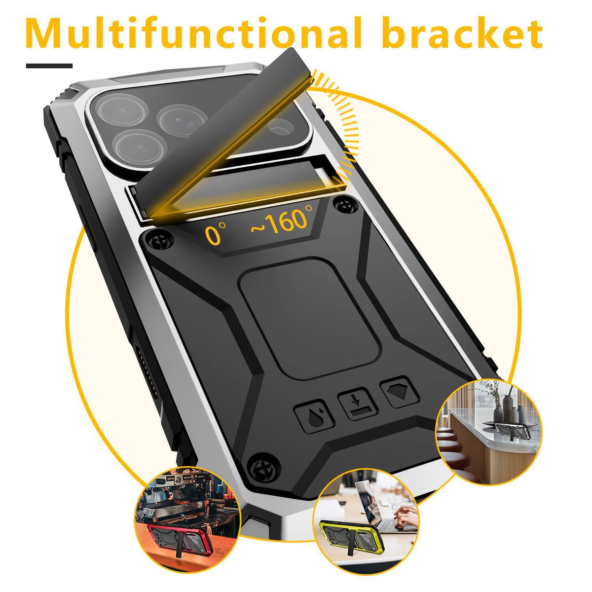 Compatible with iPhone 18 Pro Max R-JUST Metal + Silicone + Tempered Glass Life Waterproof Phone Case with Holder - Silver
